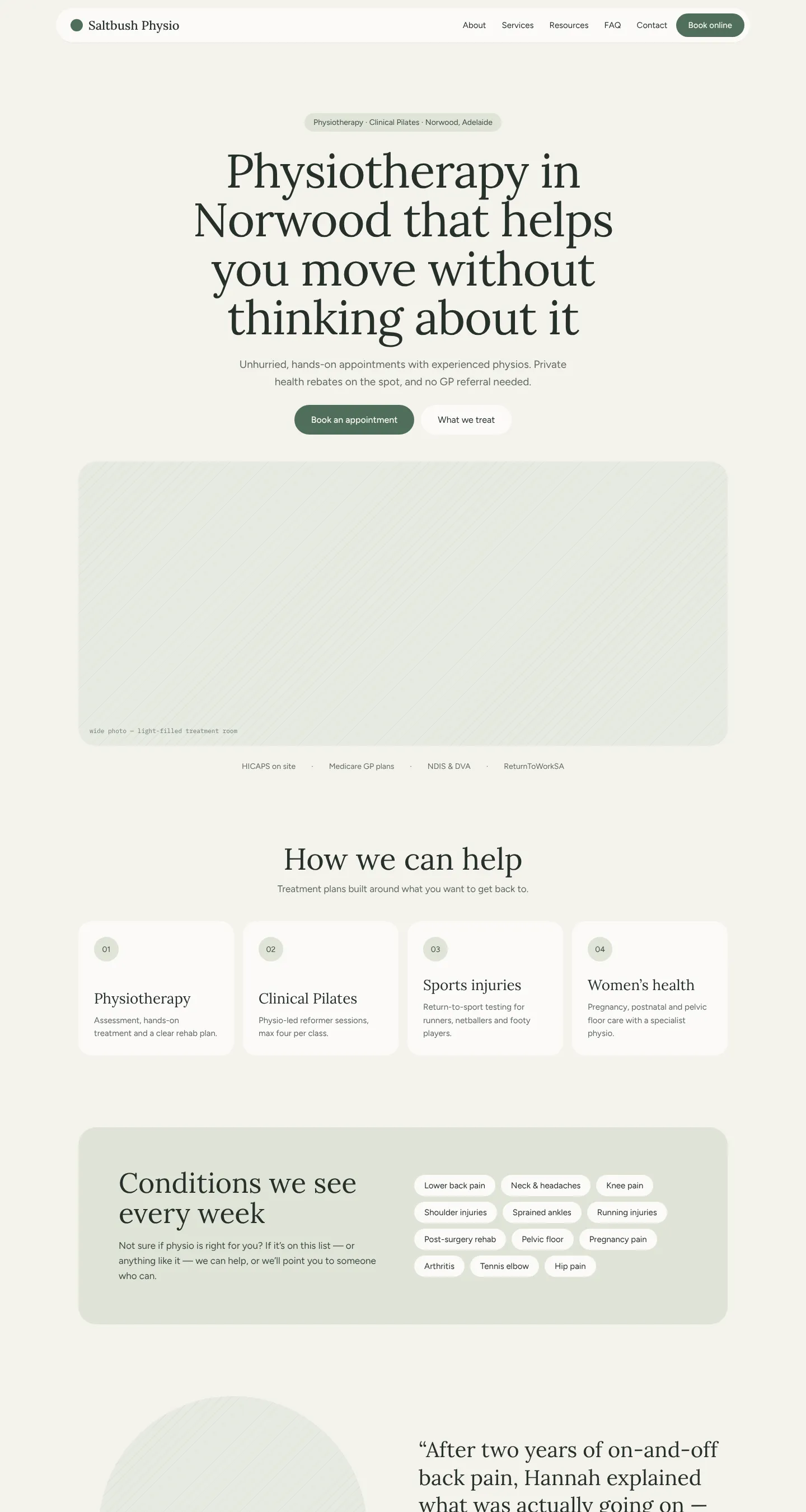 Clinic template home page, shown as Saltbush Physio
