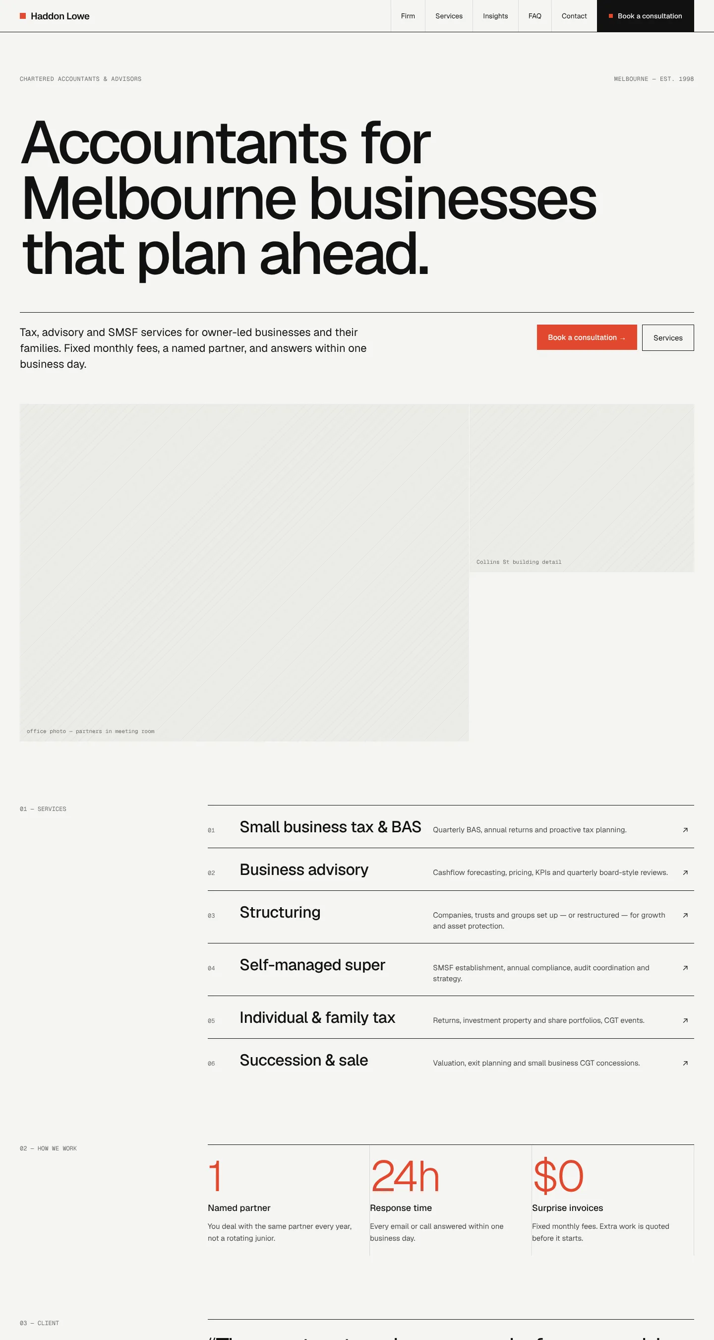 Counsel template home page, shown as Haddon Lowe, chartered accountants